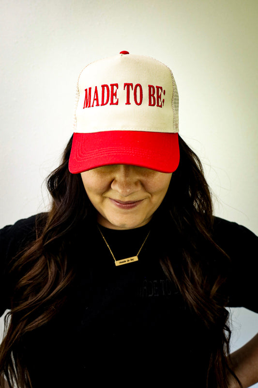 made to be; trucker hat - cream/red